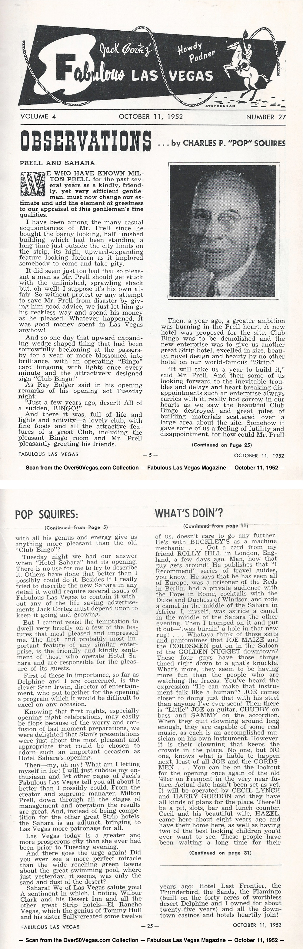 Observations by Pop Squires — Fabulous Las Vegas Magazine — October 11, 1952